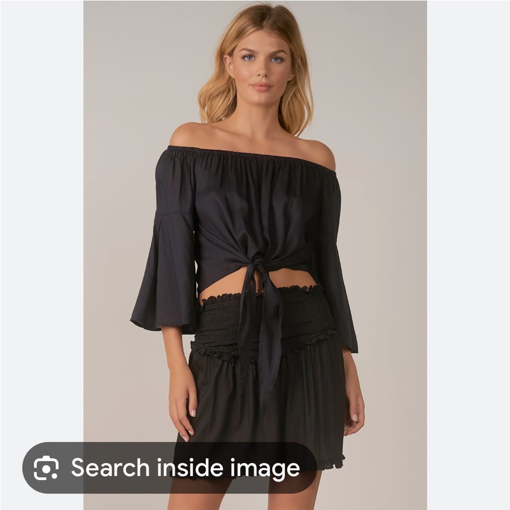 Elan Black Off Shoulder Blouse 3/4 Bell Sleeves and Tie Front New w/ tags Large
